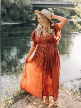 Flawless women medium dress maxi long  rust orange pink gauze boho flowy NWT